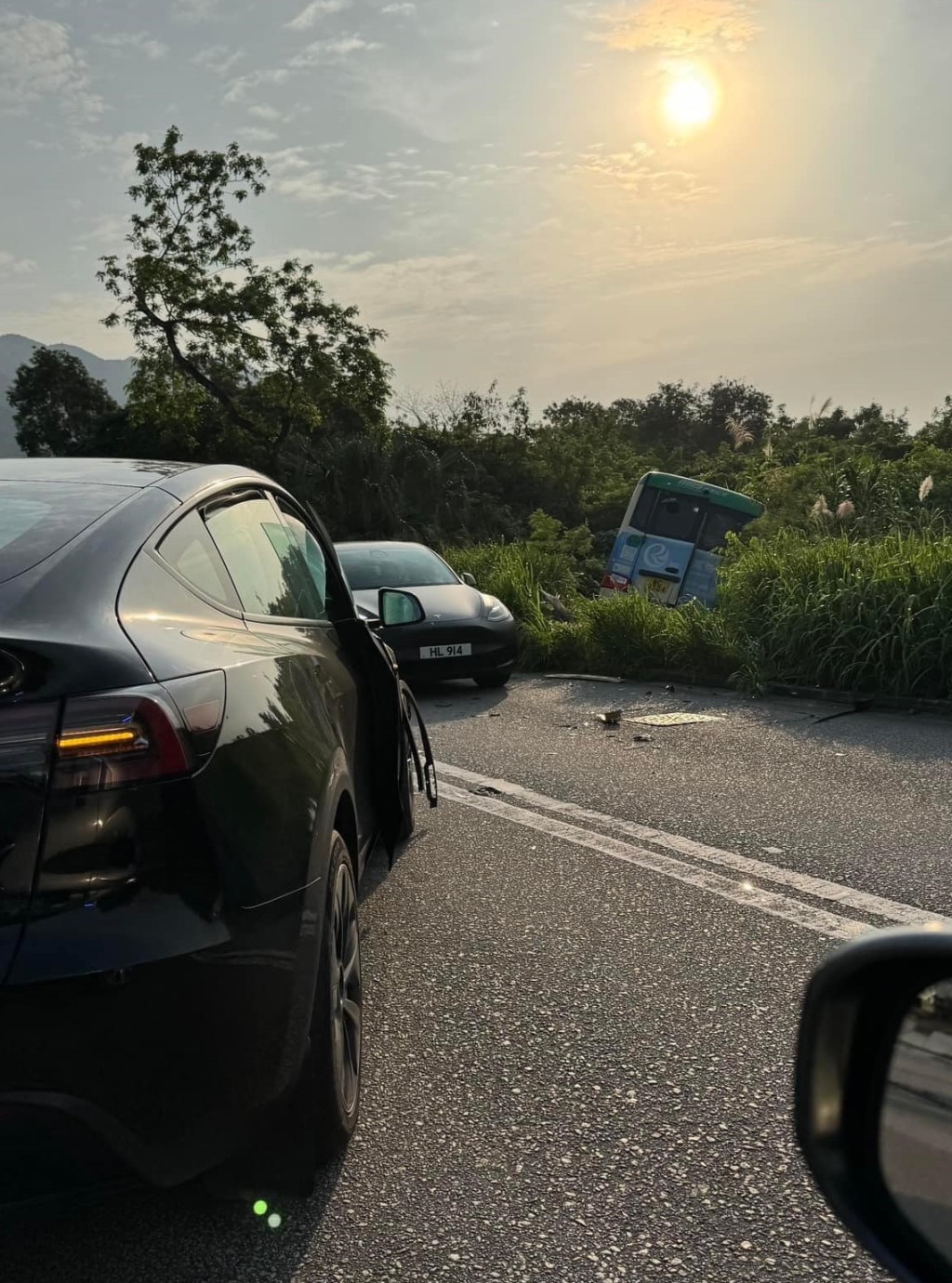 绿Van与Tesla相撞并铲入草丛。fb马路的事讨论区图片