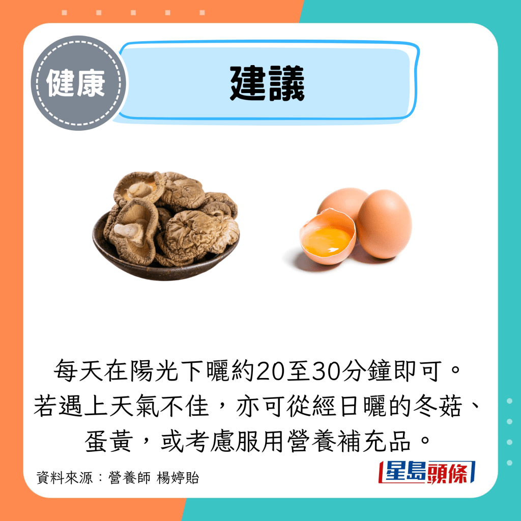 建議：每天在陽光下曬約20至30分鐘即可。 若遇上天氣不佳，亦可從經日曬的冬菇、蛋黃，或考慮服用營養補充品。
