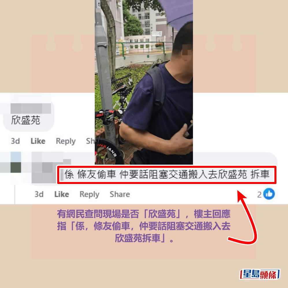 有網民查問現場是否「欣盛苑」，樓主回應 指「係，條友偷車，仲要話阻塞交通搬入去 欣盛苑拆車」。fb「粉嶺上水街坊交流區」截圖