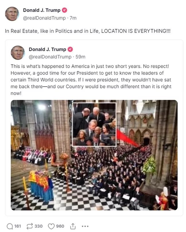 特朗普在社交媒体上嘲讽拜登在英女皇国葬仪式上，被安排坐在第14排的座位。网图