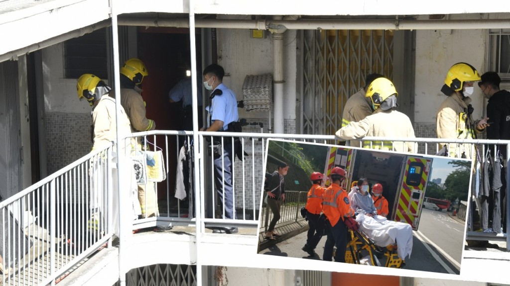 荃灣象山邨秀山樓一單位冒出濃煙，消防救熄，一名女住客吸入濃煙不適送院。楊偉亨攝