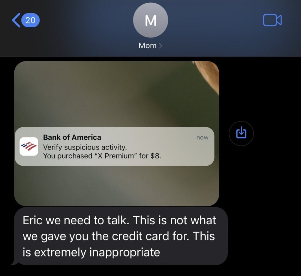 埃里克（Eric Zhu）在Twitter贴图，表示因为花钱买Twitter蓝剔而被母亲「约谈」。