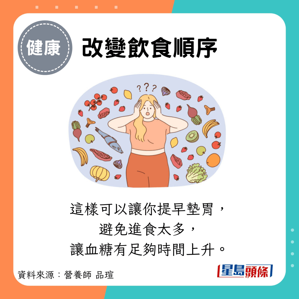 改变饮食顺序：这样可以让你提早垫胃，避免吃进食太多，让血糖有足够时间上升。