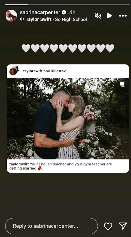 Taylor好友Sabrina Carpenter轉發訂婚帖,更附上連串心心祝賀她。 Taylor好友Sabrina Carpenter轉發訂婚帖,更附上連串心心祝賀她。