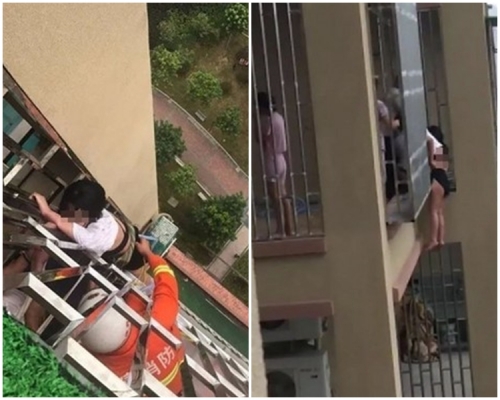 李女懸掛在17樓的外窗，情況非常危急。網上圖片