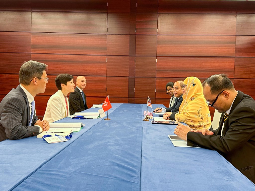 何佩珊（左二）与马来西亚皇家海关关长Dato\' Anis Rizana Mohd Zainudin（右二）及其代表团进行双边会议。