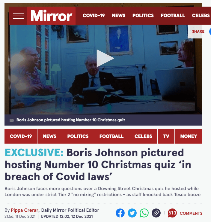 《星期日镜报》指约翰逊去年封城期间在首相府开圣诞派对，涉嫌违反防疫规定。