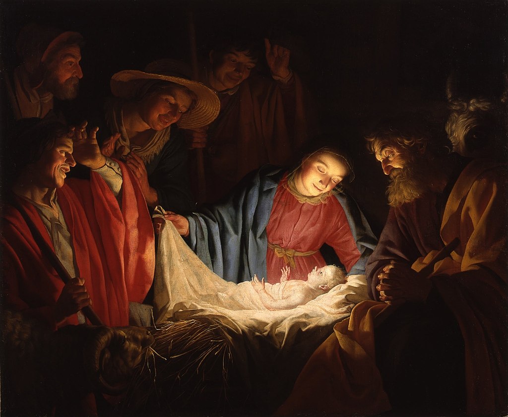《牧羊人的敬拜》（Adoration of the Shepherds）：耶穌誕生場景；人們與動物圍繞著馬利亞和新生的耶穌，他們受到光所包覆著。傑拉德·范·洪索斯特（Gerard van Honthorst）畫作，1622年（維基百科圖片）