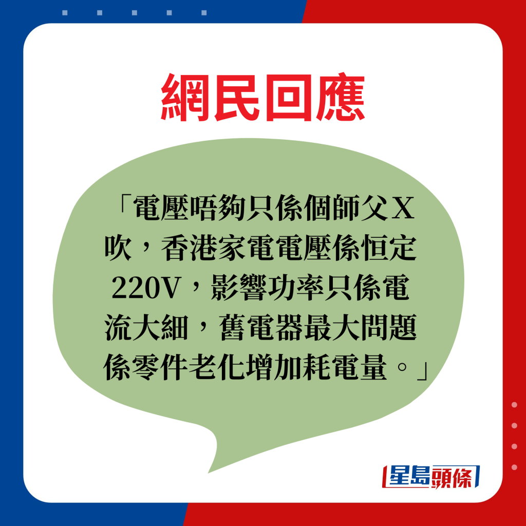 網民回應：電壓唔夠只係個師父Ｘ吹，香港家電電壓係恒定220V，影響功率只係電流大細，舊電器最大問題係零件老化增加耗電量。