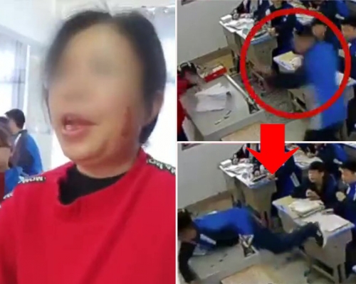 湖南男学生冲上讲台打女老师，女老师脸部受伤留血。