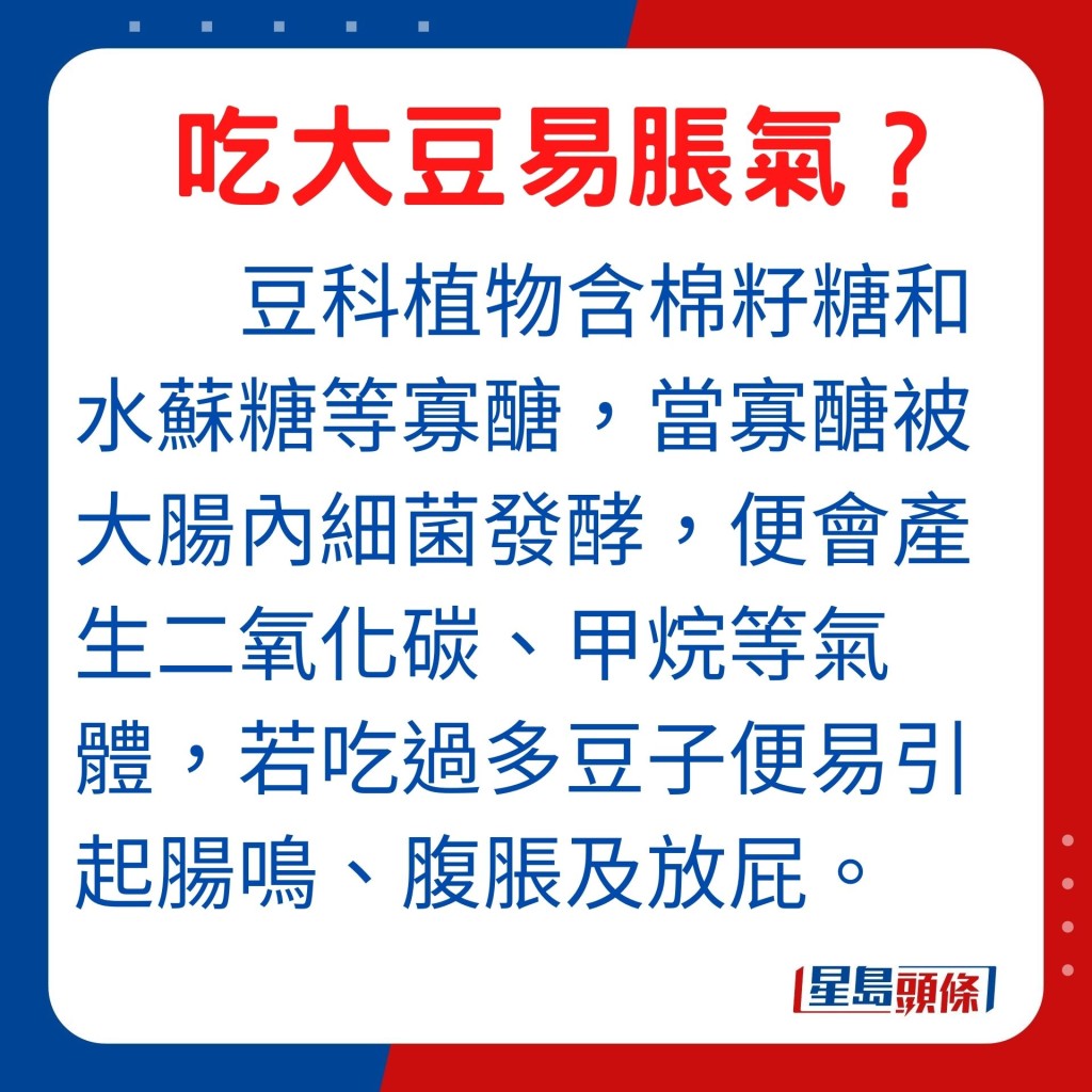 豆科植物含棉籽糖和水蘇糖等寡醣,當寡醣被大腸內細菌發酵,便會產生二氧化碳、甲烷等氣體,若吃過多豆子便易引起腸鳴、腹脹及放屁。