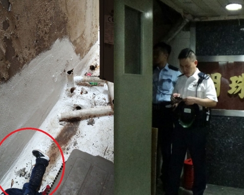 墮樓男子倒在後巷簷篷上,警方接報到場調查。圖左為讀者提供;圖右黃文威攝