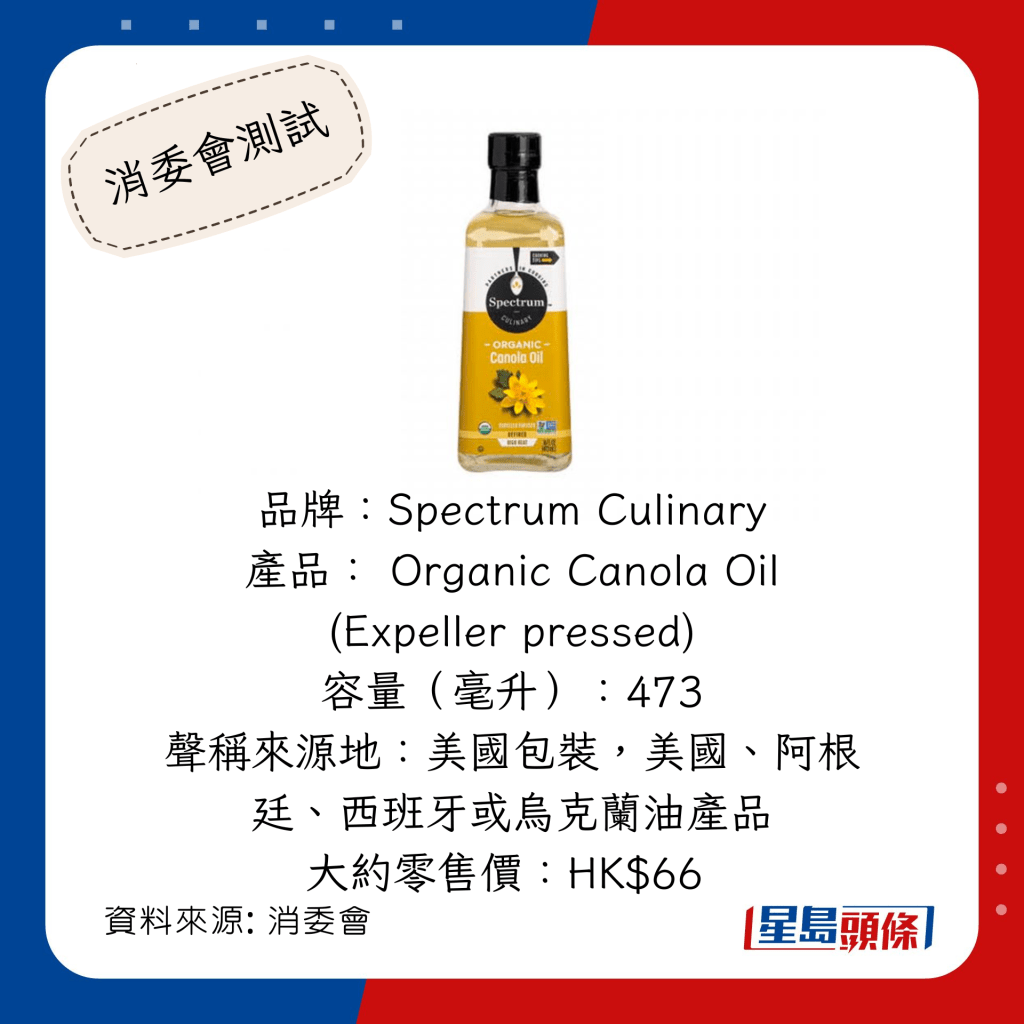 消委會推介安全滿分食油：「Spectrum Culinary」Organic Canola Oil (Expeller pressed)