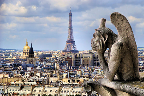 从巴黎圣母院屋顶遥望巴黎铁塔。