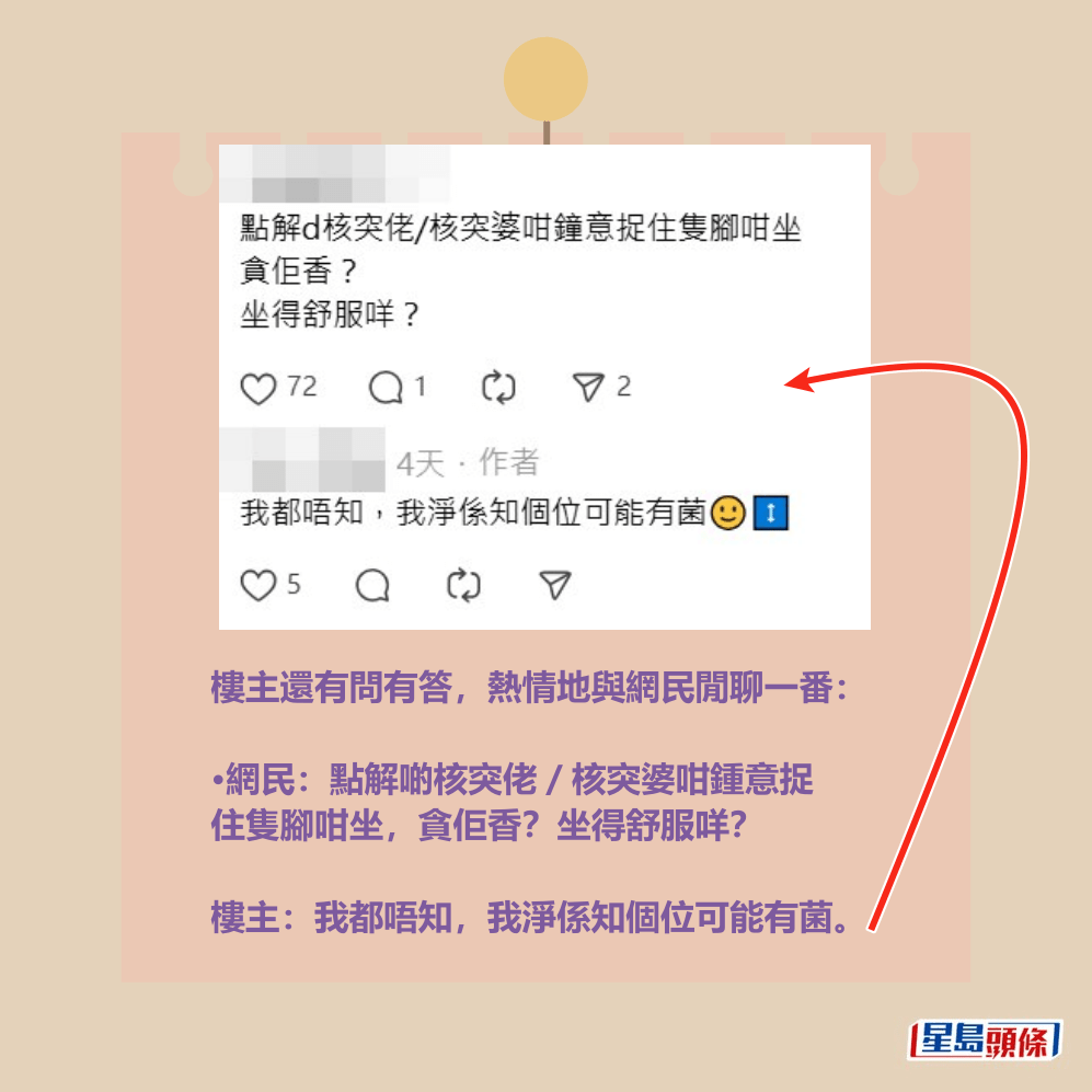 樓主還有問有答，熱情地與網民閒聊一番：  •網民：點解啲核突佬／核突婆咁鍾意捉 住隻腳咁坐，貪佢香？坐得舒服咩？  樓主：我都唔知，我淨係知個位可能有菌。Threads截圖