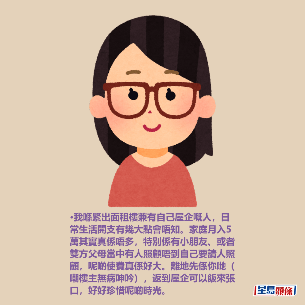 •我喺緊出面租樓兼有自己屋企嘅人,日 常生活開支有幾大點會唔知。家庭月入5 萬其實真係唔多,特別係有小朋友、或者 雙方父母當中有人照顧唔到自己要請人照 顧,呢啲使費真係好大。離地先係你哋( 嘲樓主無病呻吟),返到屋企可以飯來張 口,好好珍惜呢啲時光。 •我喺緊出面租樓兼有自己屋企嘅人,日 常生活開支有幾大點會唔知。家庭月入5 萬其實真係唔多,特別係有小朋友、或者 雙方父母當中有人照顧唔到自己要請人照 顧,呢啲使費真係好大。離地先係你哋( 嘲樓主無病呻吟),返到屋企可以飯來張 口,好好珍惜呢啲時光。