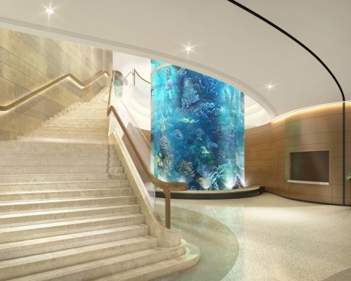 酒店大堂三層高圓柱型魚缸。酒店網頁圖片