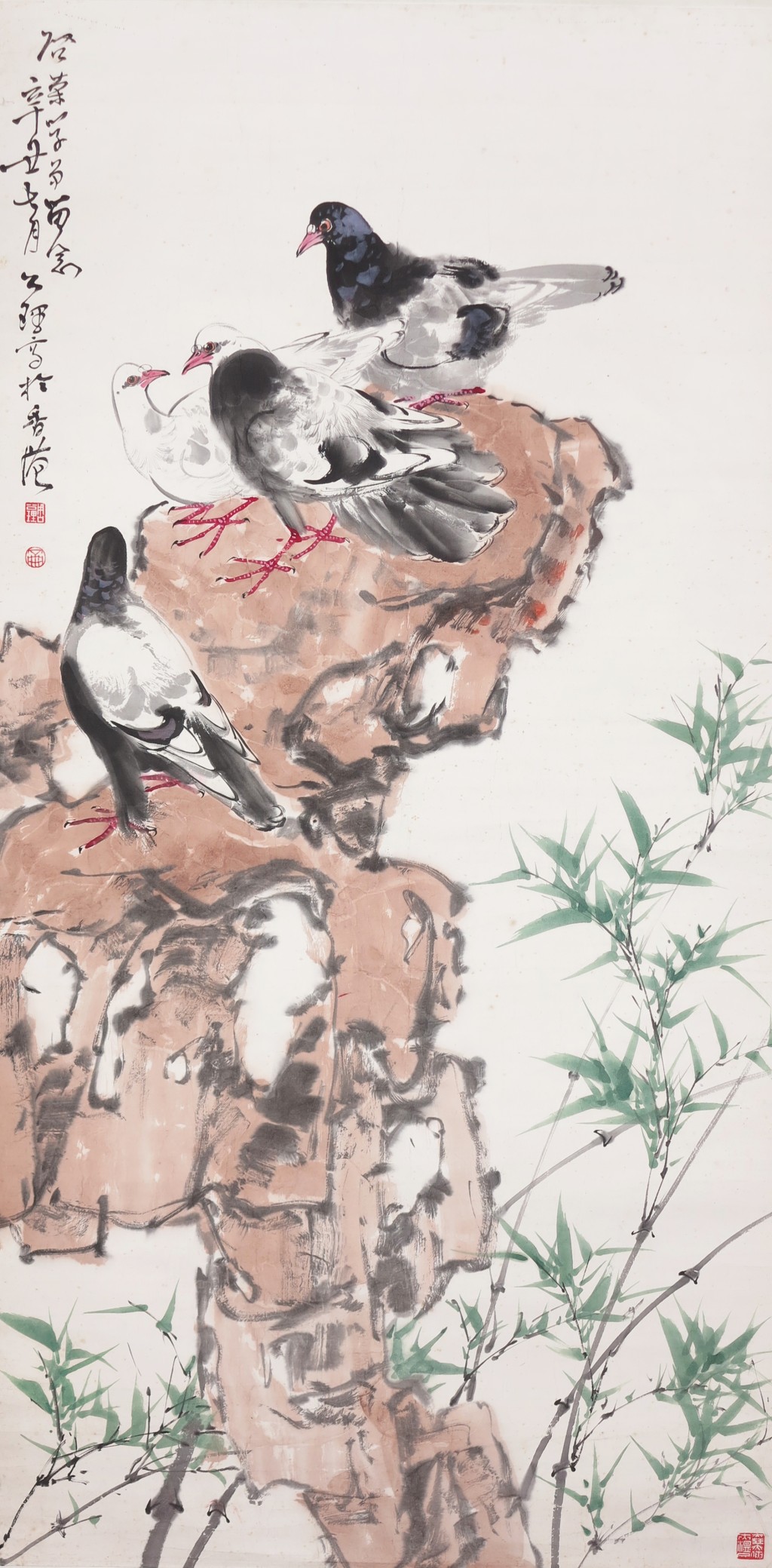 周公理擅於繪鴿，並有「鴿王」之稱，此為作品之一《群鴿》。