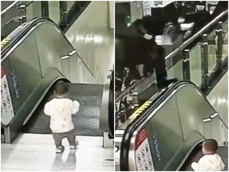 男童站在扶手電梯口，職員見狀立即跨越欄杆。網圖