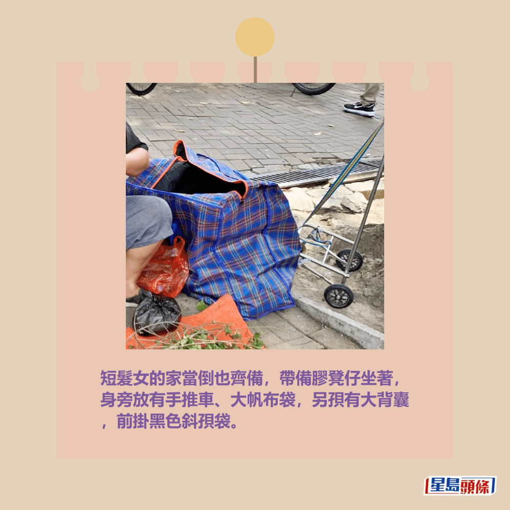 短髮女的家當倒也齊備,帶備膠凳仔坐著, 身旁放有手推車、大帆布袋,另孭有大背囊 ,前掛黑色斜孭袋。網上截圖 短髮女的家當倒也齊備,帶備膠凳仔坐著, 身旁放有手推車、大帆布袋,另孭有大背囊 ,前掛黑色斜孭袋。網上截圖