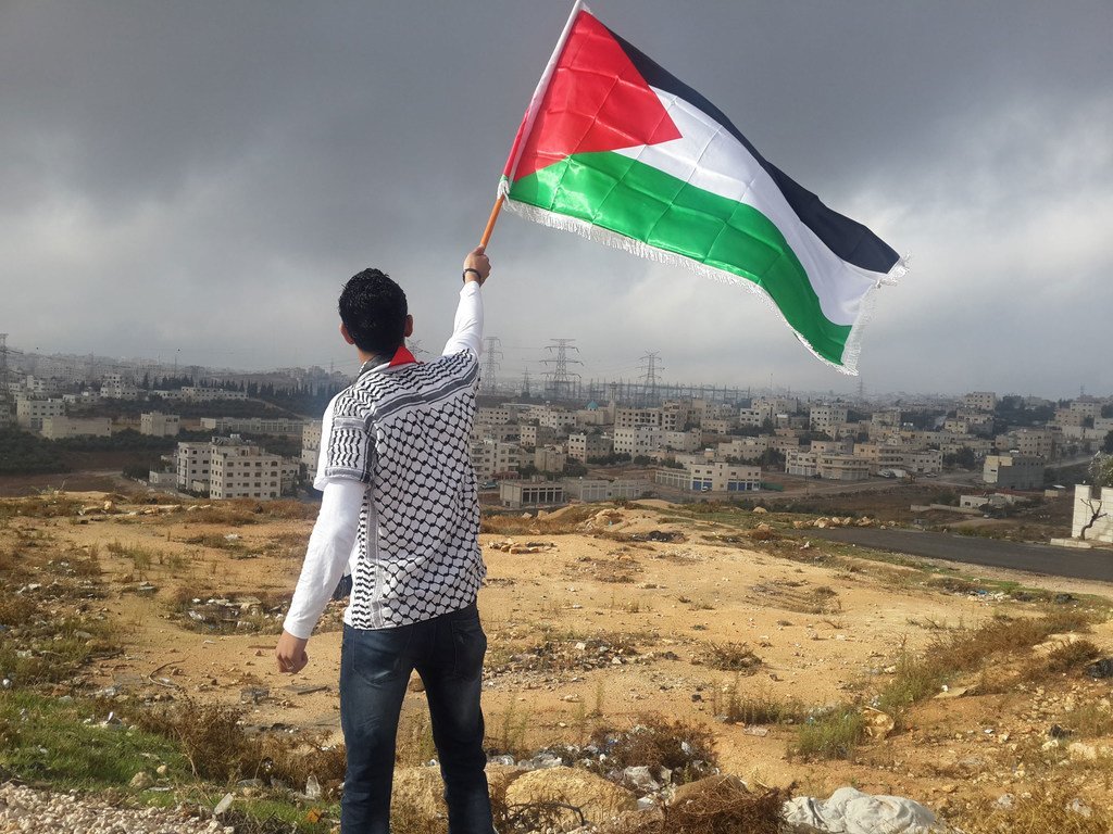 巴勒斯坦青年向以色列占领区挥舞巴勒斯坦国旗。