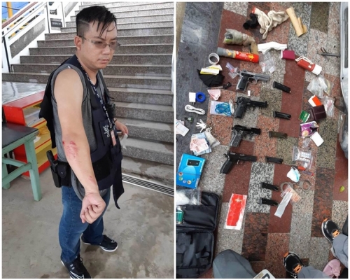 刑事局員警汪俊安(左)手臂受傷。警方在商男袋內搜出4把手槍。(右)