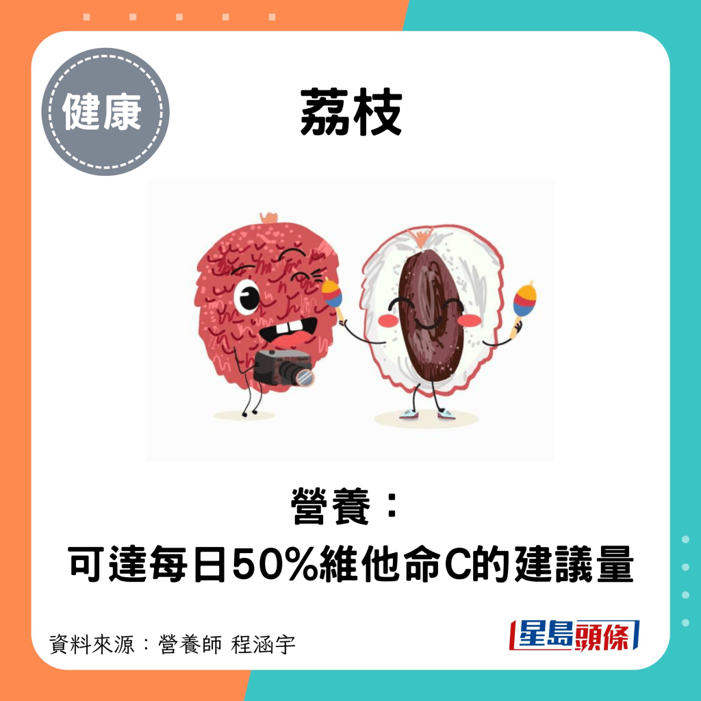 荔枝：营养： 可达每日50%维他命C的建议量