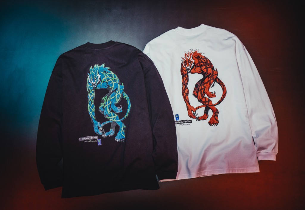 虎年特別系列T恤/各/$890/O，背幅飾以由師韮澤靖（Yasushi Nirasawa）創作的紅及藍兩色的 Onitsuka Tiger Man 圖案，靈感源自 Onitsuka Tiger Stripes。