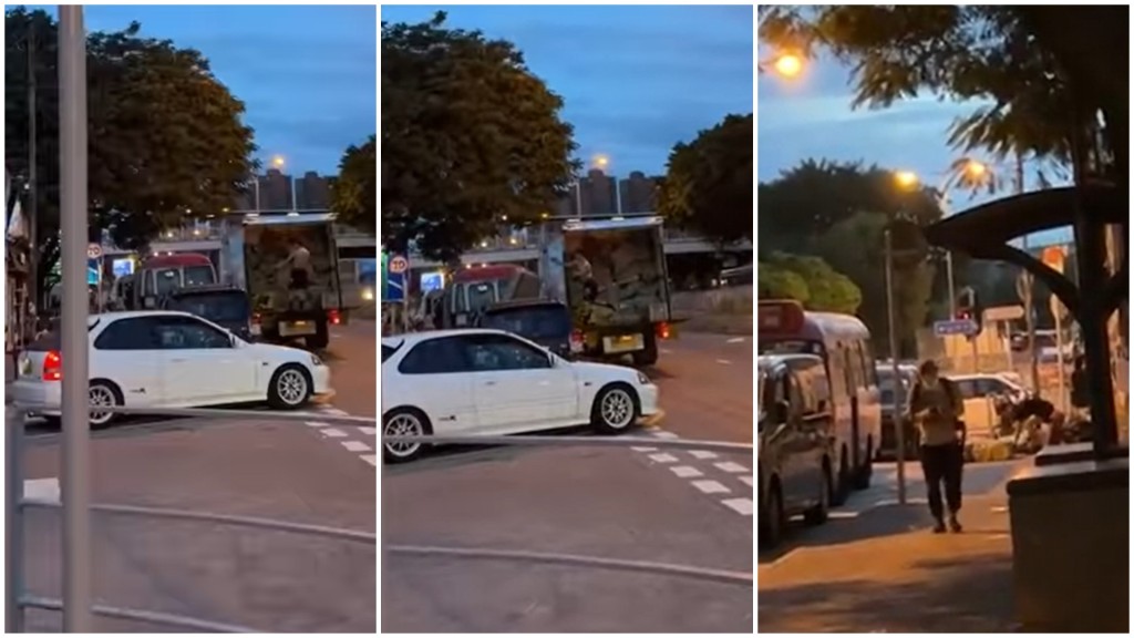集運公司工人將貨物隔着一條行車線,凌空拋到行人路上,然後由另一名工人在行人路上收貨搬到商鋪。網上截圖