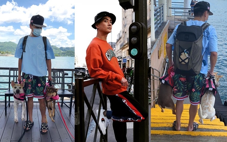 Bosco貼照例牌要型，今次挽著狗狗難得貼地。