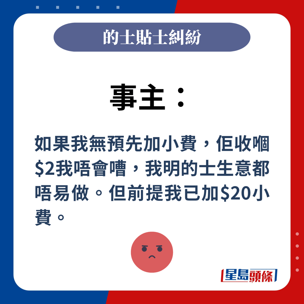 事主：如果我无预先加小费，佢收嗰$2我唔会嘈，我明的士生意都唔易做。但前提我已加$20小费。