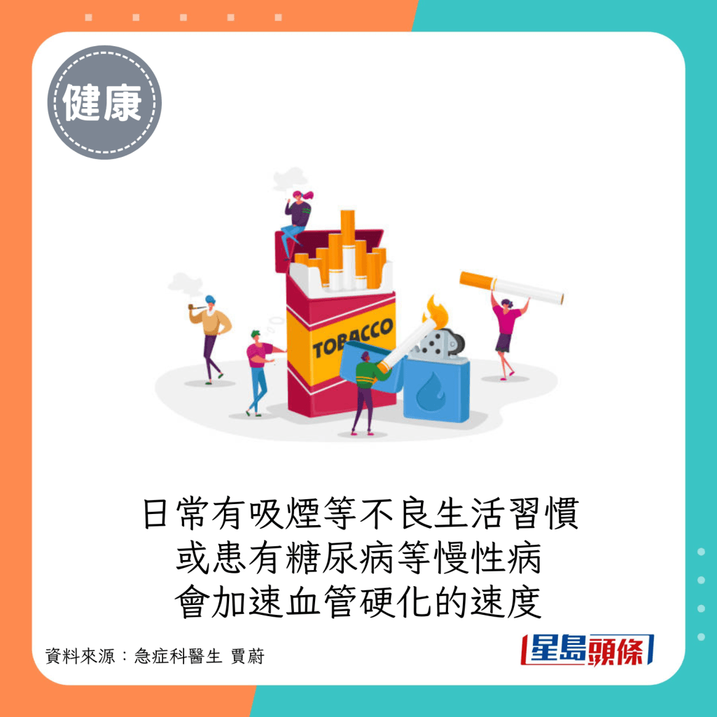 日常如果同時有不良的生活習慣，如抽煙、熬夜等，或患有糖尿病、高血壓等慢性病，則會加速血管硬化的速度。