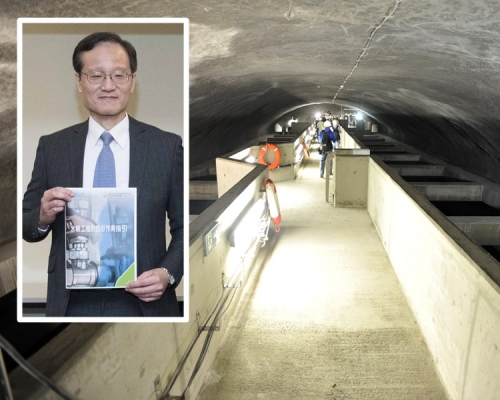 水務署助理署長（新界）陳仲勤（小圖）解釋事件，圖為港大西區配水庫內部。資料圖片