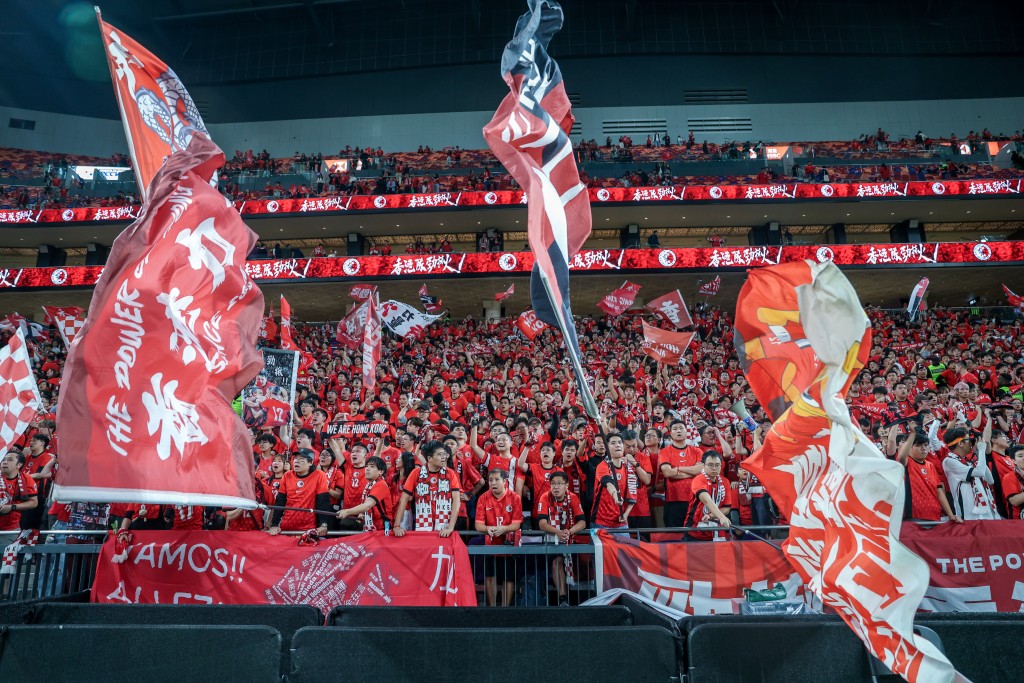 球迷揮舞旗幟打氣。