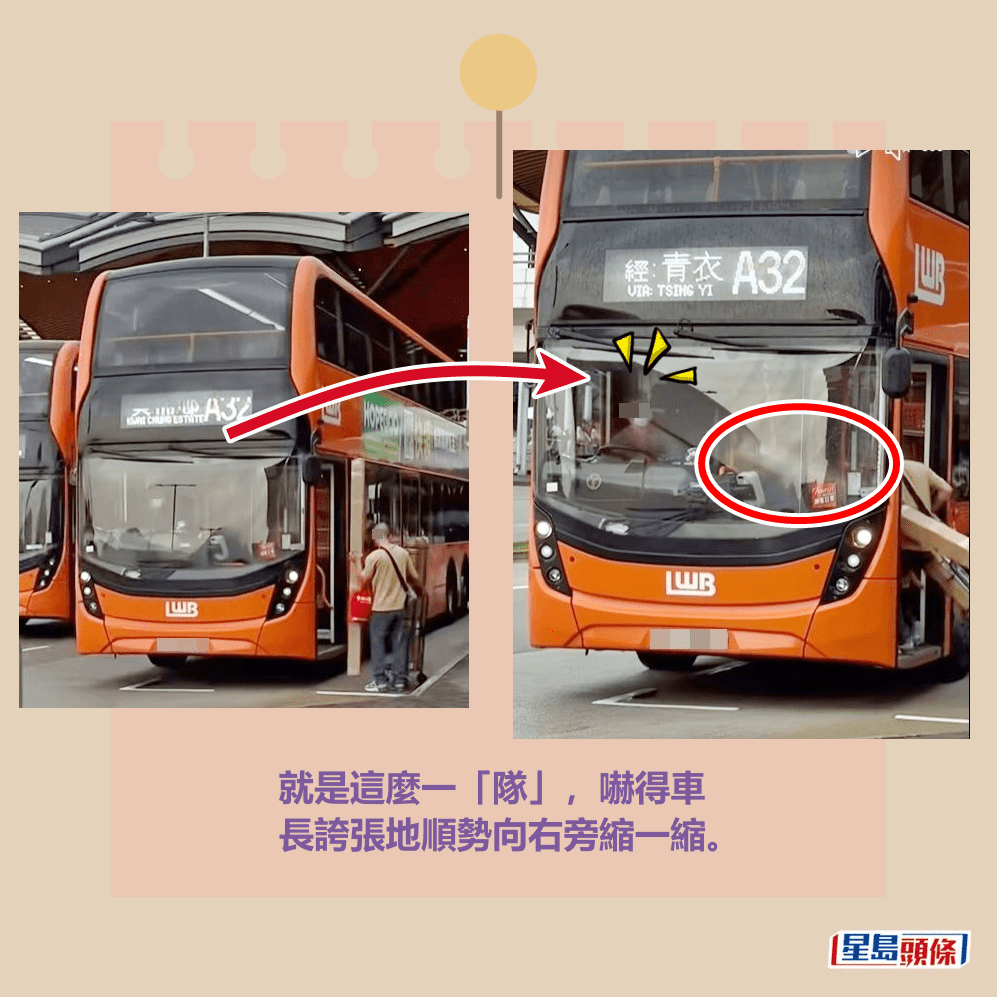 就是這麼一「隊」,嚇得車 長誇張地順勢向右旁縮一縮。fb「車cam L(香港群組)」截圖 就是這麼一「隊」,嚇得車 長誇張地順勢向右旁縮一縮。fb「車cam L(香港群組)」截圖
