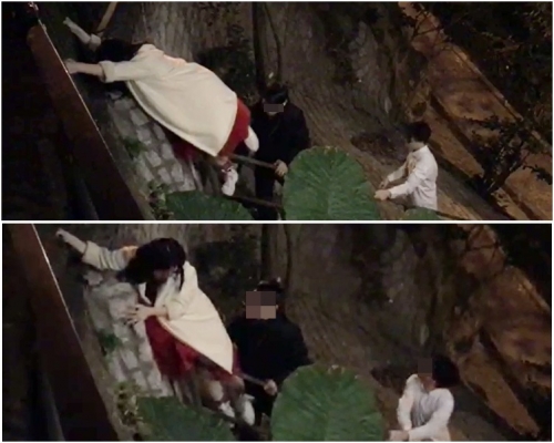 盛裝美女拋下儀態不顧,跨過欄杆,走到亭底。