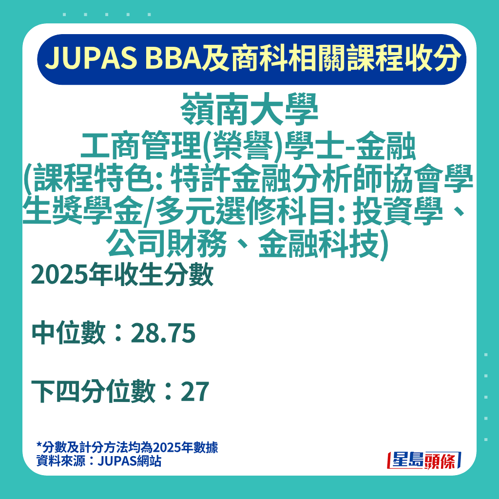 嶺南大學的工商管理(榮譽)學士-金融(課程特色: 特許金融分析師協會學生獎學金/多元選修科目: 投資學、公司財務、金融科技)。 嶺南大學的工商管理(榮譽)學士-金融(課程特色: 特許金融分析師協會學生獎學金/多元選修科目: 投資學、公司財務、金融科技)。