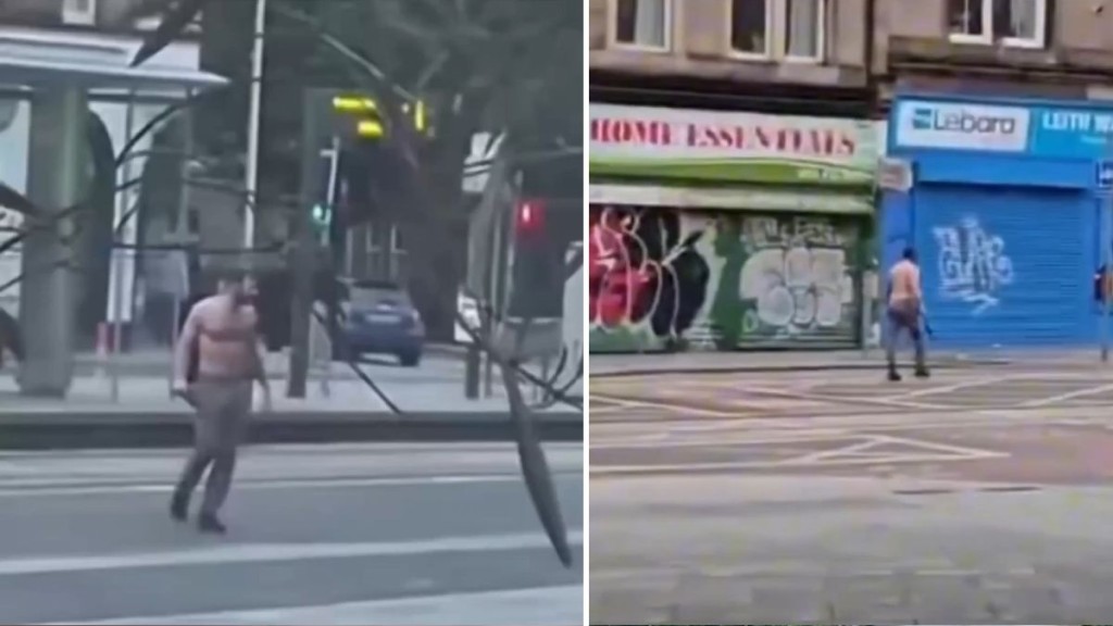 网上流传爱丁堡一名男子手持武器在街头游荡。