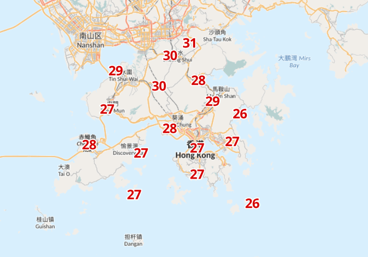 周三上水、打鼓嶺兩地下午料高達31度。天文台截圖
