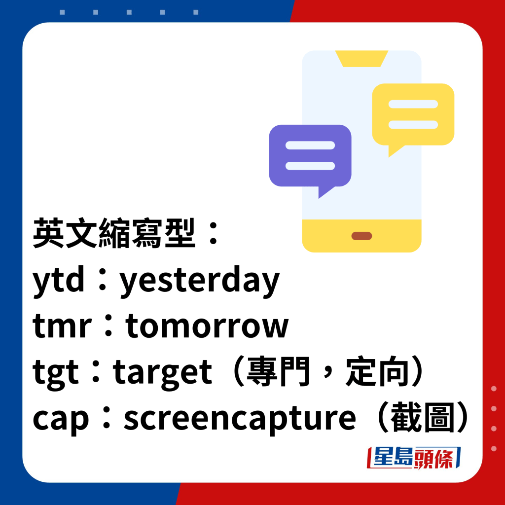 英文縮寫型： ytd：yesterday tmr：tomorrow tgt：target（專門，定向） cap：screencapture（截圖）