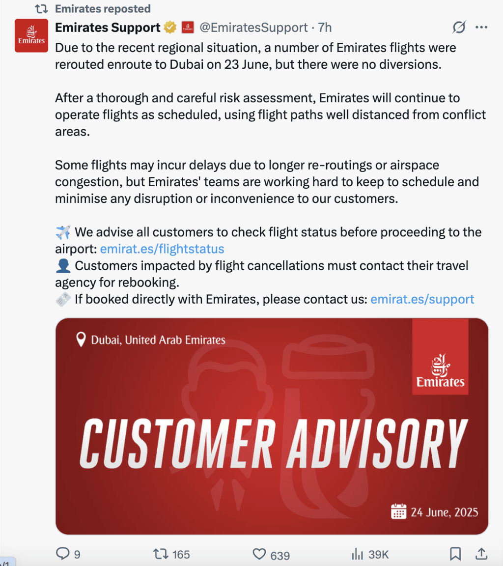 阿聯酋航空宣布將繼續按計劃運營航班,並使用遠離衝突地區的航線。 阿聯酋航空宣布將繼續按計劃運營航班,並使用遠離衝突地區的航線。