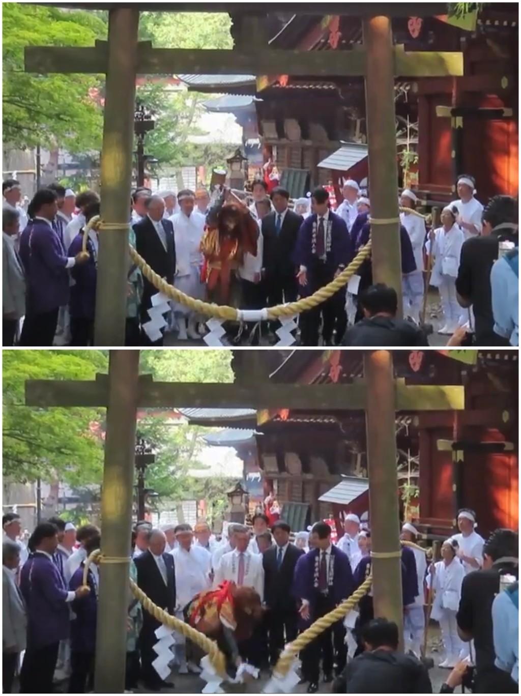 6月30日富士山開山前夜祭,「手力男命」在吉田路線起點的鳥居用木槌斬斷繩索,象徵正式開山。 X@fujisanclimb 6月30日富士山開山前夜祭,「手力男命」在吉田路線起點的鳥居用木槌斬斷繩索,象徵正式開山。 X@fujisanclimb