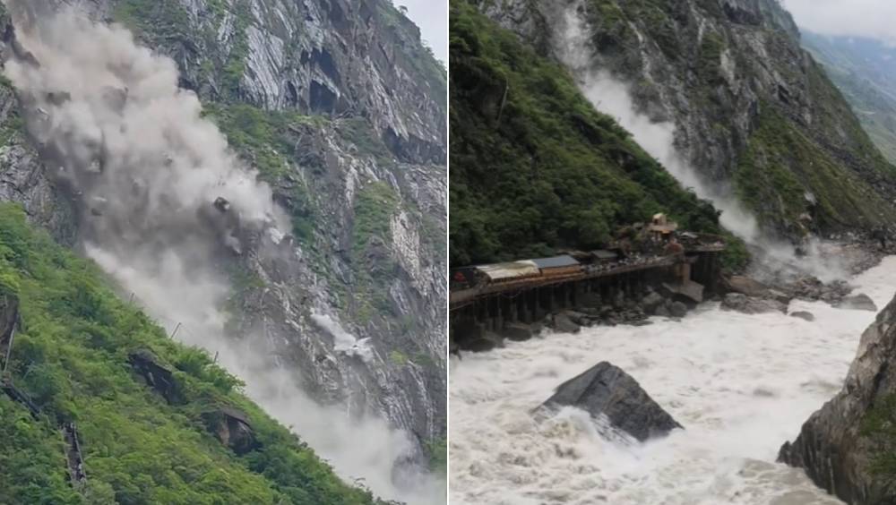 雲南虎跳峽巨石滾落江中，遊客慌忙逃命，景區防山泥傾瀉今起緊急閉園。 抖音