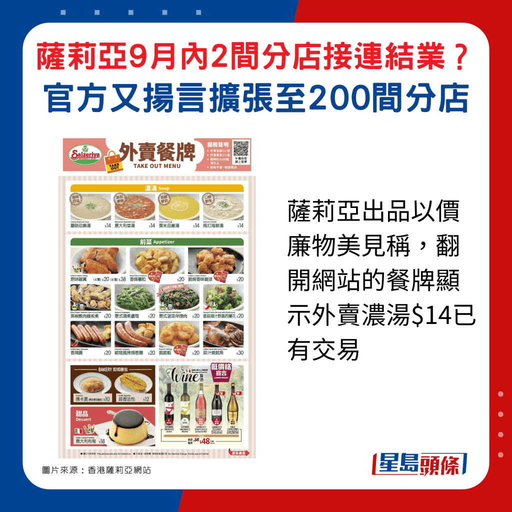 萨莉亚出品以价廉物美见称，翻开网站的餐牌显示外卖浓汤$14已有交易