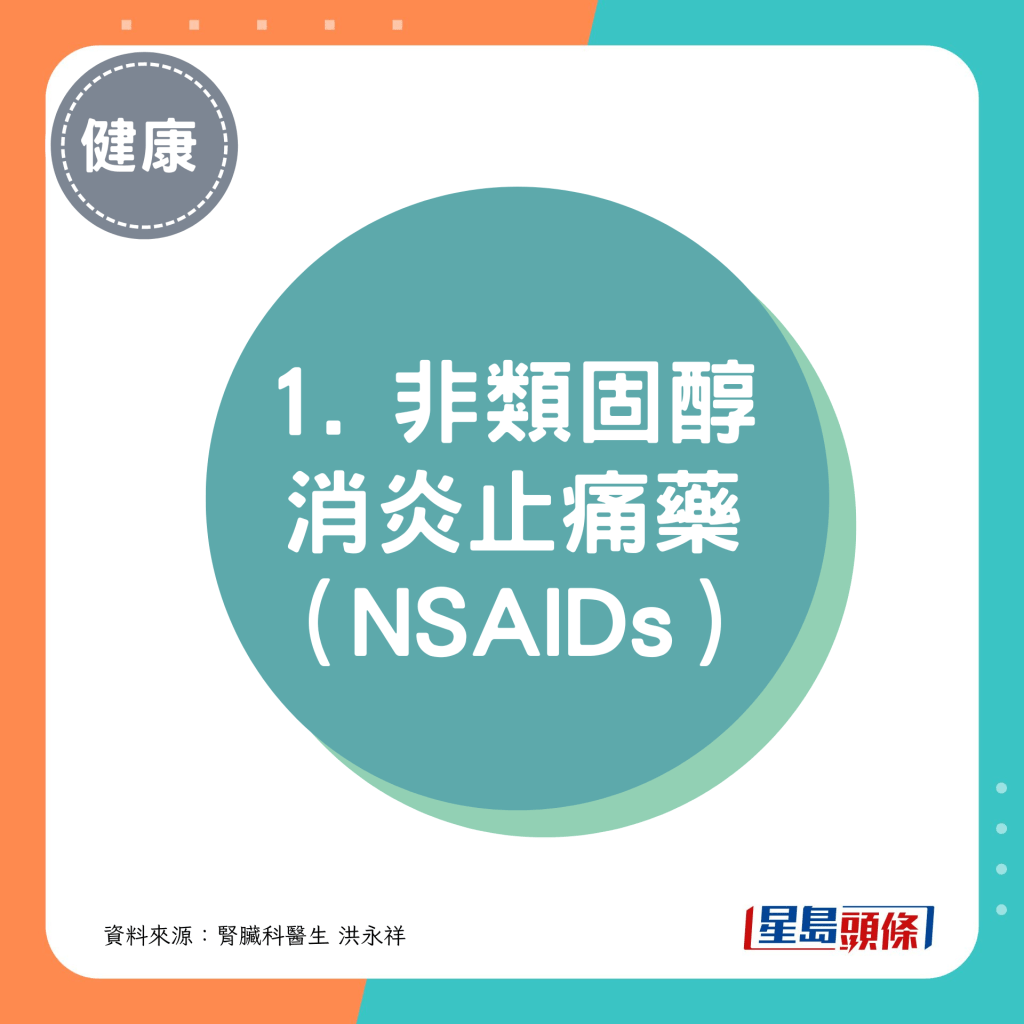 有伤肾风险的药物 1. 非类固醇消炎止痛药 （NSAIDs）