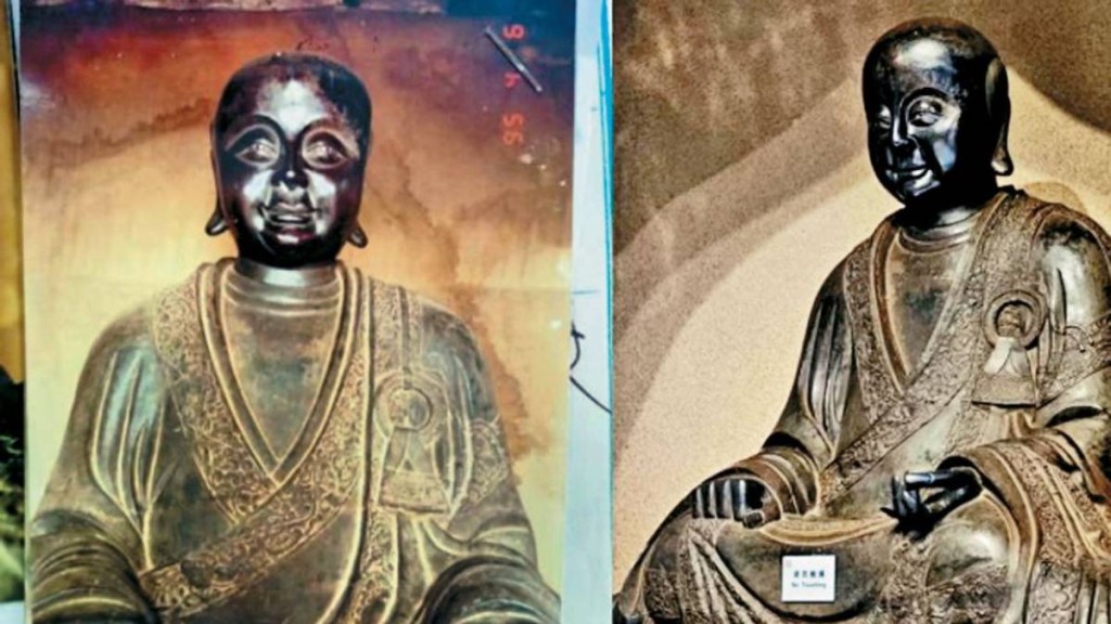 被盗佛像（左）与观复博物馆展出佛像（右）极为相似。民生周刊