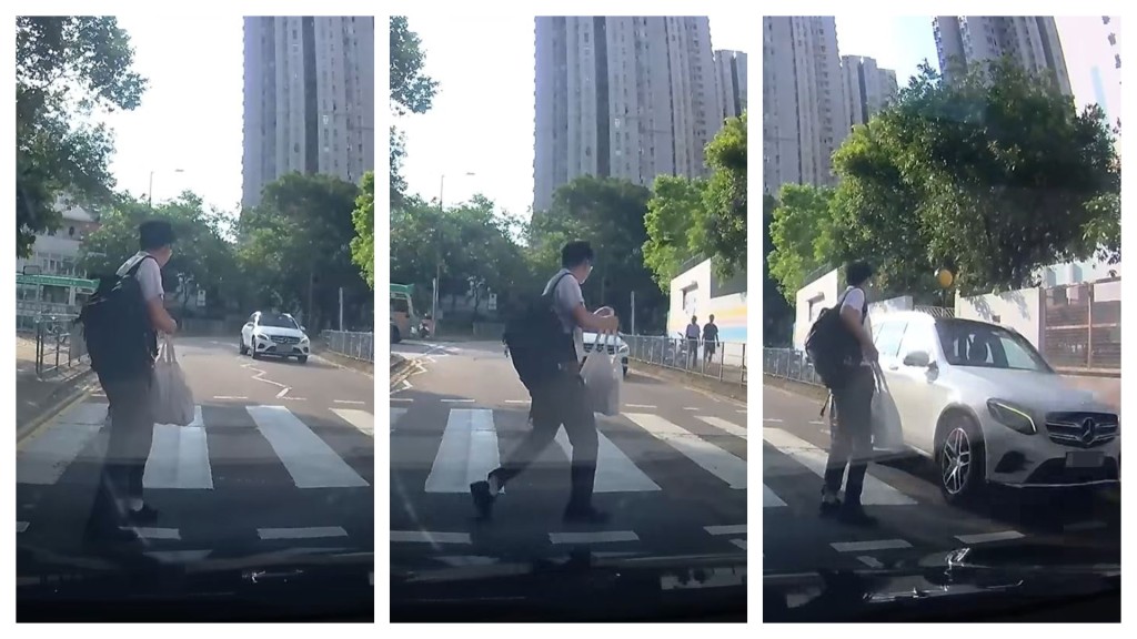 平治直衝行人過路線，險撞過路男學生。fb車cam L（香港群組）影片截圖