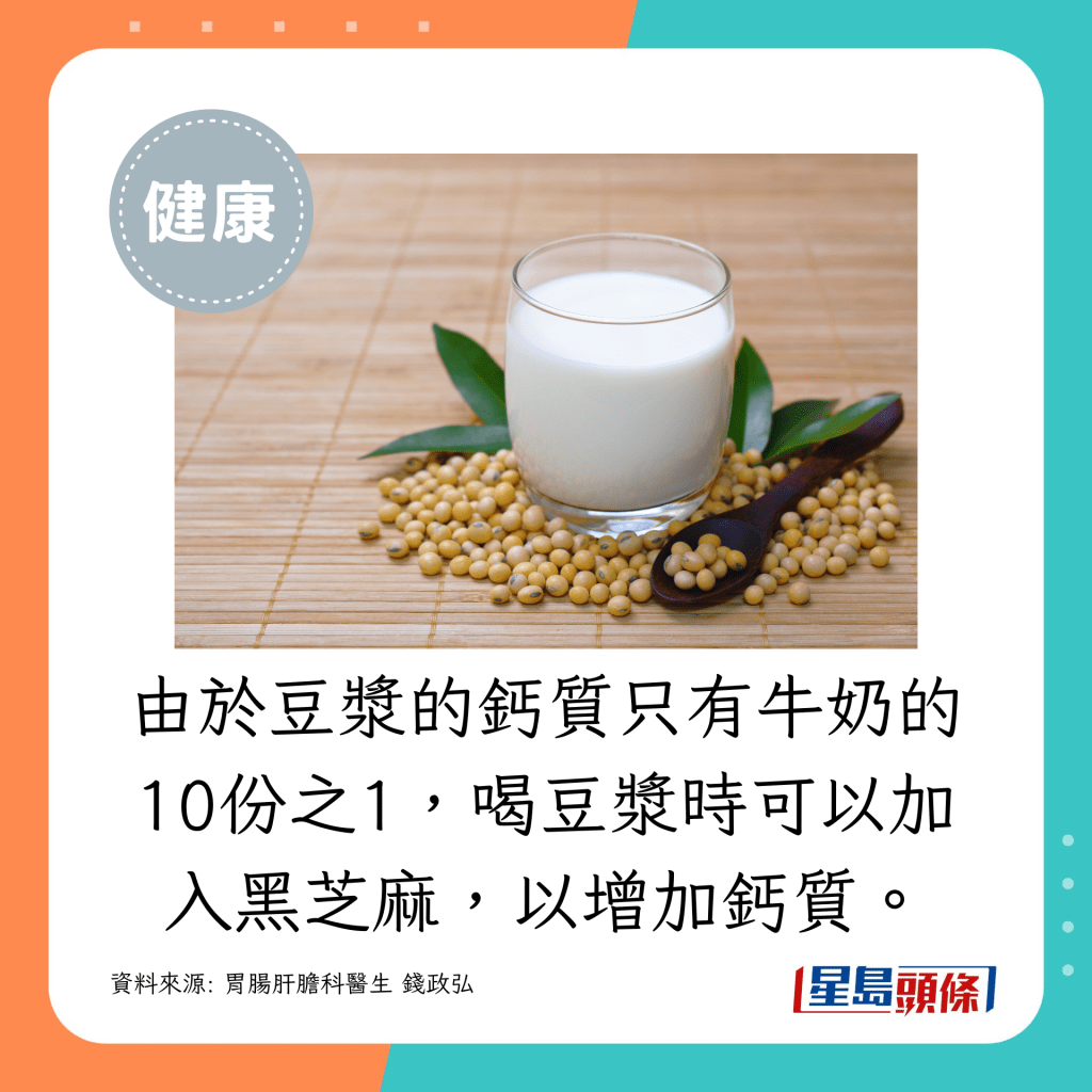 由於豆漿的鈣質只有牛奶的10份之1，喝豆漿時可以加入黑芝麻，以增加鈣質。