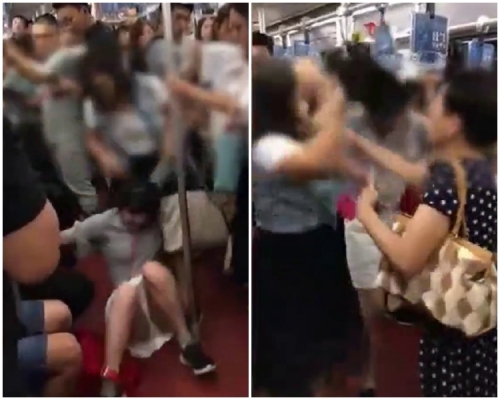 白裙女插队引起黑裙女不满，狂打白裙女。片段截图