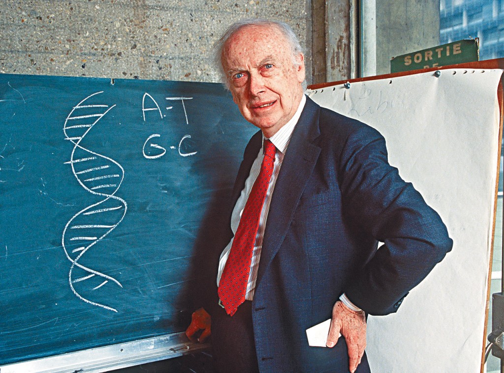 美国生物学家沃森1993年4月在巴黎，讲解他共同发现的DNA分子结构。